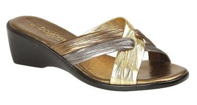 'ITALY' Ladies X Over Mule Wedge Heel Sandal BRONZE/PEWTER/GOLD