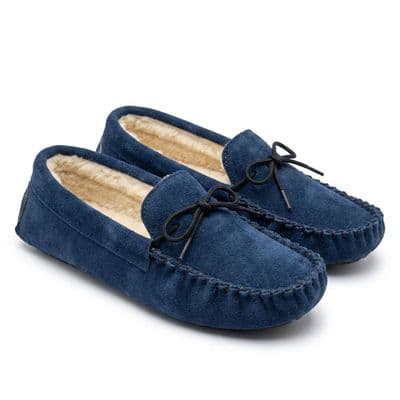'JAKE' Men's  Suede Moccasin Slippers, Thermal Lined, Soft Suede Sole NAVY