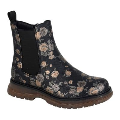 'JESSICA'  Ladies Ankle Boots with Gusset and Zip  BLACK MULTI FLORAL