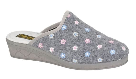 'JOSEPHINE' Ladies  Embroidered Wedge Heel Mule  Slippers  GREY FLORAL