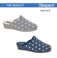 'JOSEPHINE' Ladies  Embroidered Wedge Heel Mule  Slippers  NAVY FLORAL