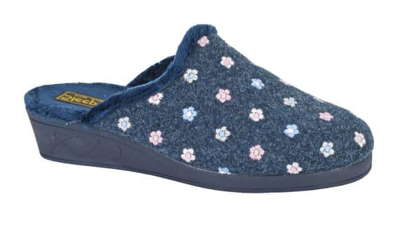 'JOSEPHINE' Ladies  Embroidered Wedge Heel Mule  Slippers  NAVY FLORAL