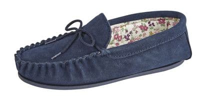 'LILY' Real Suede Leather Moccasin with Hardwearing Sole  NAVY