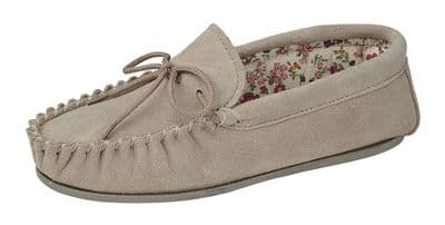 'LILY' Real Suede Leather Moccasin with Hardwearing Sole  STONE