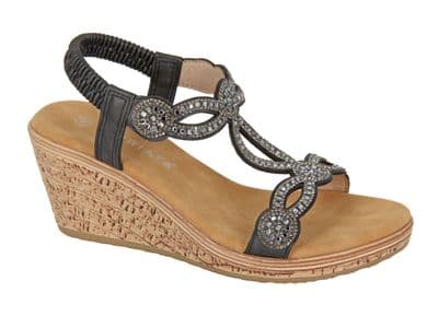 'ORA' Ladies Jewelled Elasticated Sling Back Sandal BLACK