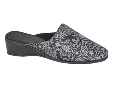'PRIVA' Ladies Brocade Mule Slippers BLACK/SILVER