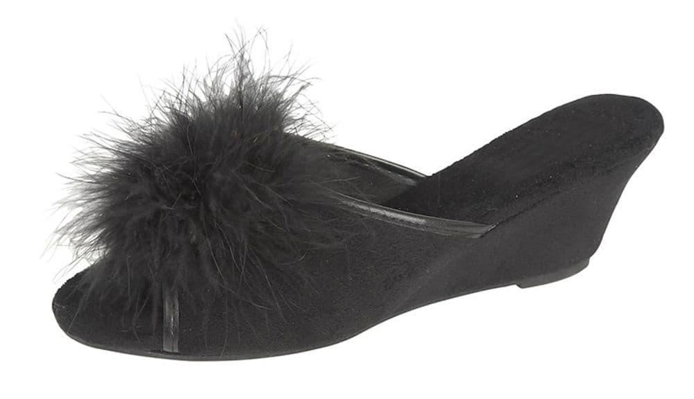 ANNE Ladies Boa Trim Velour Mule Slippers cm Wedge Heel
