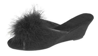 ANNE Ladies  Boa Trim Velour Mule Slippers 5 cm Wedge Heel BLACK