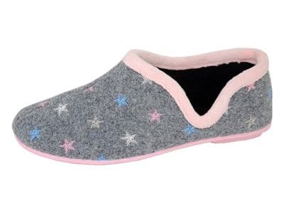 ARIA Ladies Star Motif Knitted Textile Full Slippers GREY / PINK