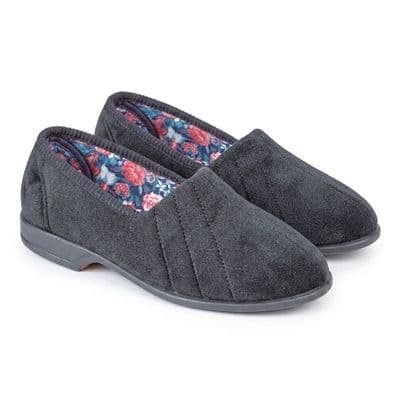 AUDREY Ladies Velour Roll Top  Slippers with Rubber Sole BLACK