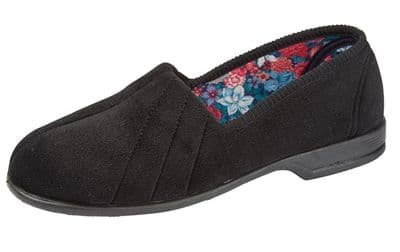AUDREY Ladies Velour Roll Top  Slippers with Rubber Sole BLACK