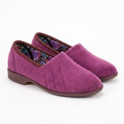 AUDREY Ladies Velour Roll Top  Slippers with Rubber Sole HEATHER