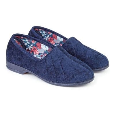 AUDREY Ladies Velour Roll Top  Slippers with  Rubber Sole  NAVY