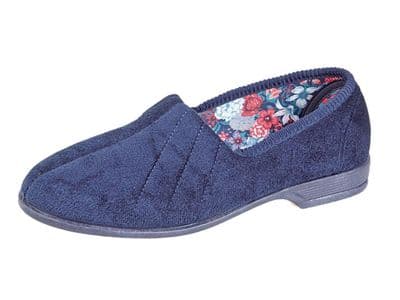 AUDREY Ladies Velour Roll Top  Slippers with  Rubber Sole  NAVY