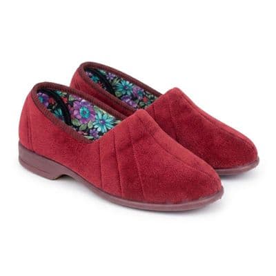 AUDREY LadiesVelour Roll Top  Slippers with Rubber Sole REGAL RED