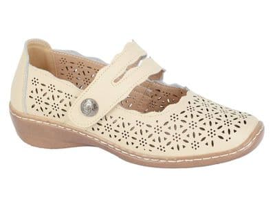 Boulevard L641 Womens Leather Touch Fastening Perforated Bar Casual Shoe BEIGE