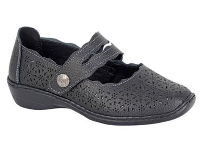 Boulevard L641 Womens Leather Touch Fastening Perforated Bar Casual Shoe BLACK
