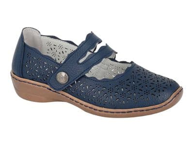 Boulevard L641 Womens Leather Touch Fastening Perforated Bar Casual Shoe NAVY BLUE