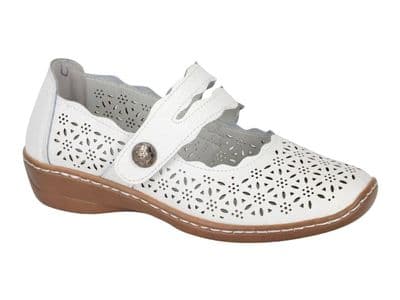 Boulevard L641 Womens Leather Touch Fastening Perforated Bar Casual Shoe WHITE