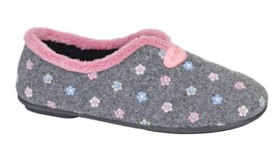 CAROL Ladies V Throat Floral Embroidered Slippers GREY FLORAL