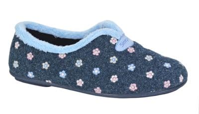 CAROL Ladies  V Throat Floral Embroidered Slippers NAVY FLORAL