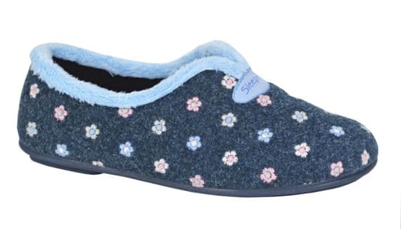 CAROL Ladies  V Throat Floral Embroidered Slippers NAVY FLORAL