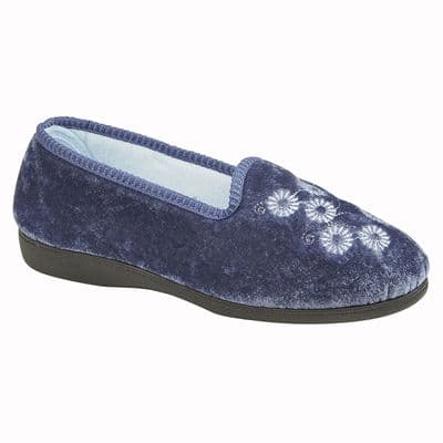CATHY Ladies Embroidered Velour Slippers  BLUEBERRY
