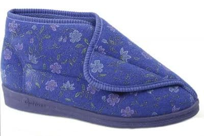 Comfylux ANDREA Extra Wide LadiesTouch Fastening Washable Bootee Slippers, Rubber Sole BLUE