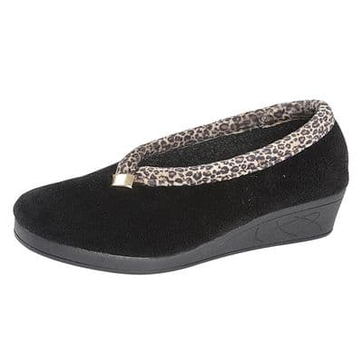 DAWN Ladies  Wedge Heel  Slippers with Rubber Sole BLACK /Ocelot
