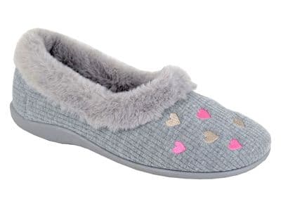 DAYSY Ladies Full Fur Cuff Hearts Motif Slippers GREY