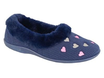 DAYSY Ladies Full Fur Cuff Hearts Motif Slippers NAVY