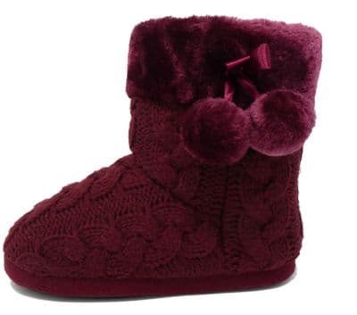 Dunlop Ladies Famous Slipper Boots, Cable Knit Upper Warm Lining Pom Poms  BURGUNDY