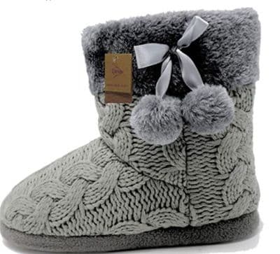 Dunlop Ladies Famous Slipper Boots, Cable Knit Upper Warm Lining Pom Poms GREY