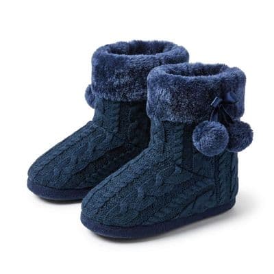 Dunlop Ladies Famous Slipper Boots, Cable Knit Upper Warm Lining Pom Poms NAVY