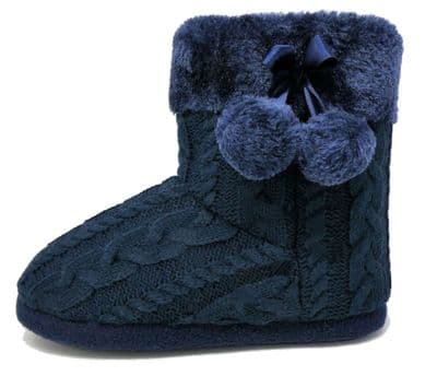 Dunlop Ladies Famous Slipper Boots, Cable Knit Upper Warm Lining Pom Poms NAVY