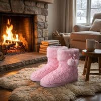 Dunlop Ladies Famous Slipper Boots, Cable Knit Upper Warm Lining Pom Poms  PINK