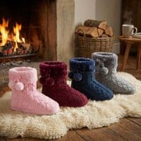 Dunlop Ladies Famous Slipper Boots, Cable Knit Upper Warm Lining Pom Poms  PINK