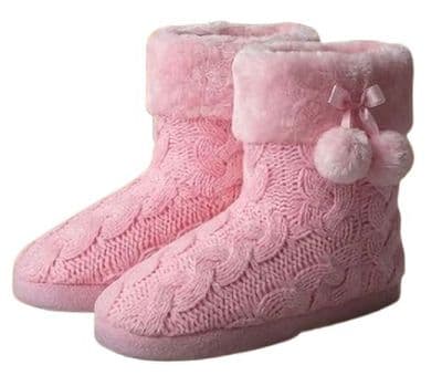 Dunlop Ladies Famous Slipper Boots, Cable Knit Upper Warm Lining Pom Poms  PINK