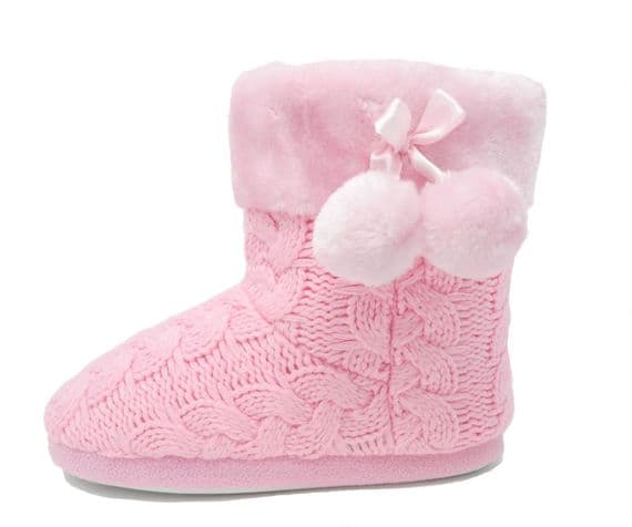 Dunlop Ladies Famous Slipper Boots, Cable Knit Upper Warm Lining Pom Poms  PINK