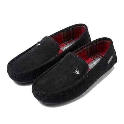 Dunlop Mens Famous 'BORIS' Tartan Lined Moccasin Slippers, Memory Foam In-sock  BLACK