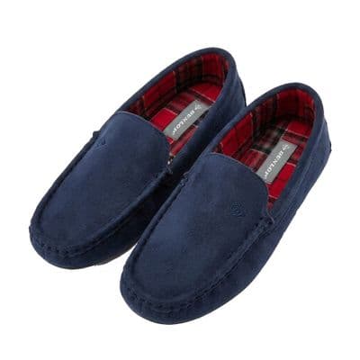Dunlop Mens Famous 'BORIS' Tartan Lined Moccasin Slippers, Memory Foam In-sock  NAVY