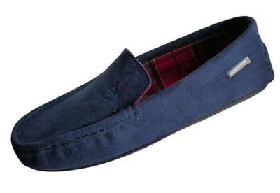 Dunlop Mens Famous 'BORIS' Tartan Lined Moccasin Slippers, Memory Foam In-sock  NAVY