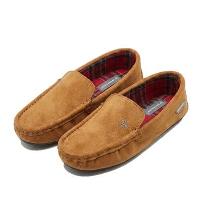 Dunlop Mens Famous 'BORIS' Tartan Lined Moccasin Slippers, Memory Foam In-sock  TAN