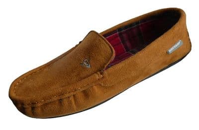 Dunlop Mens Famous 'BORIS' Tartan Lined Moccasin Slippers, Memory Foam In-sock  TAN