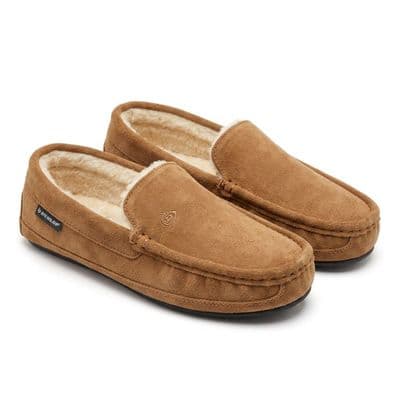 Dunlop Mens Famous 'LEWIS' Moccasin Slippers, Memory Foam In-sock  TAN