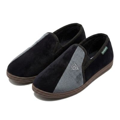 Dunlop Mens Famous 'WINSTON' Velour Slippers, Memory Foam In-sock BLACK/Grey