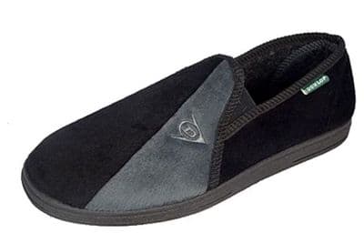 Dunlop Mens Famous 'WINSTON' Velour Slippers, Memory Foam In-sock BLACK/Grey