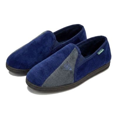 Dunlop Mens Famous 'WINSTON' Velour Slippers, Memory Foam In-sock NAVY/Grey