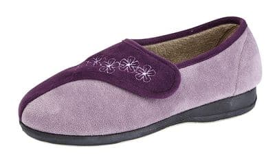 GEMMA LadiesTouch Fastening Velour Slipper, Memory Foam, Rubber Sole LILAC