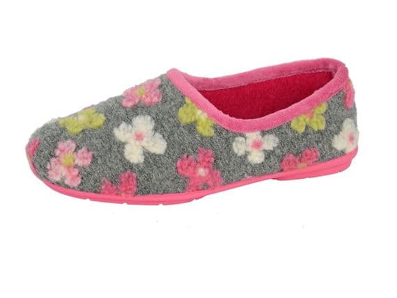 GRACIE Ladies  Multi Knitted Flower Slippers GREY